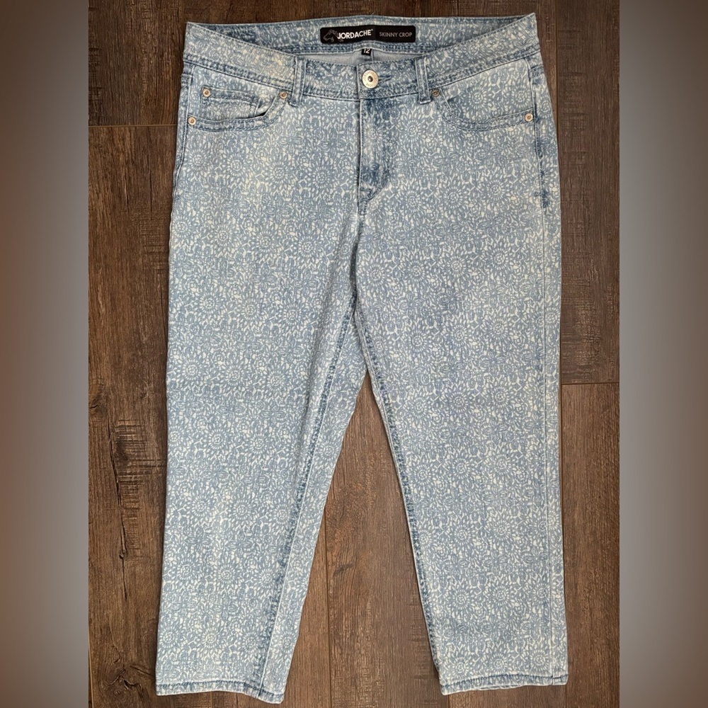 Jordache Skinny Crop Floral Printed Pattern Denim Blue Jeans Women’s Size 12